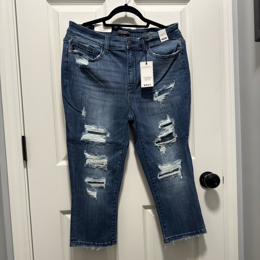 Judy Blue Distressed Ankle Jeans - Dark Blue